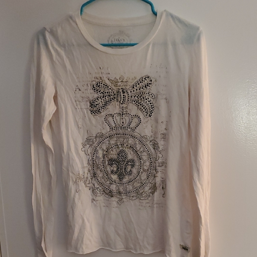 Chic Cream Long Sleeve Top With Embellished Design